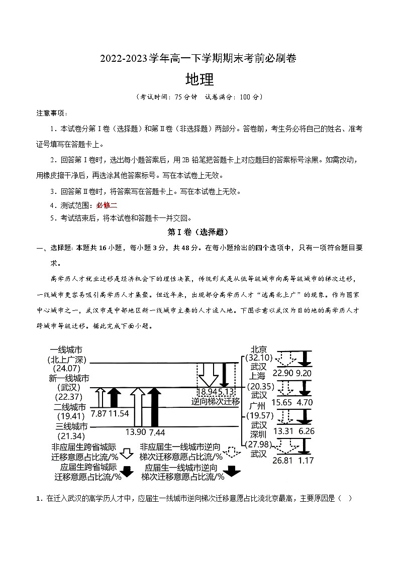 2022-2023学年高一下学期期末考前必刷卷：地理02卷（湘教版2019）（考试版）A4第1页