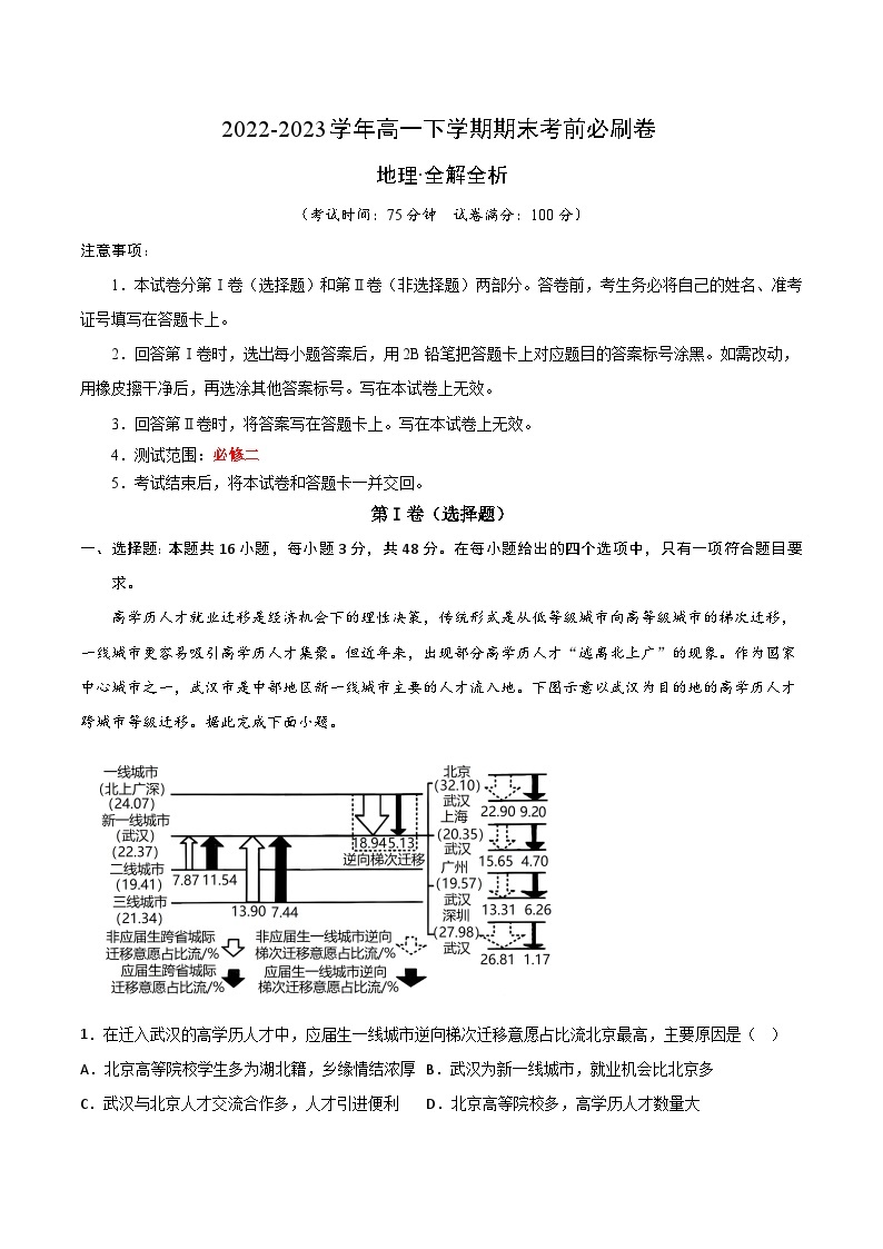 2022-2023学年高一下学期期末考前必刷卷：地理02卷（湘教版2019）（全解全析）01