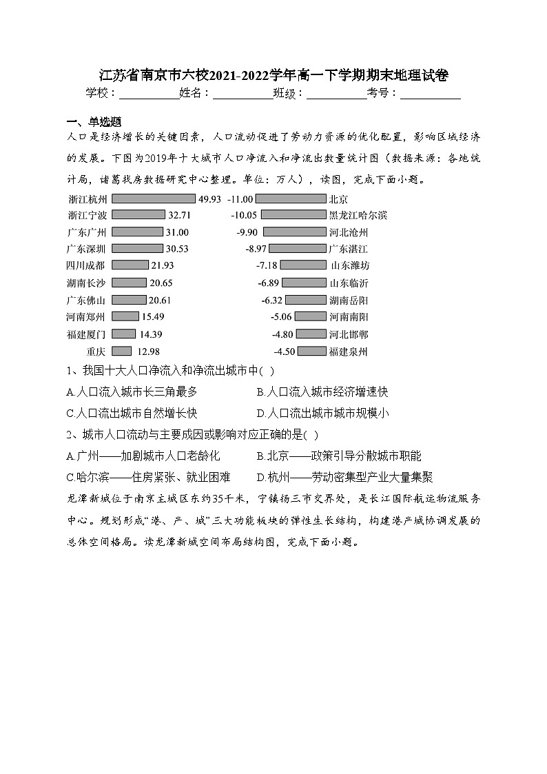 江苏省南京市六校2021-2022学年高一下学期期末地理试卷（含答案）01