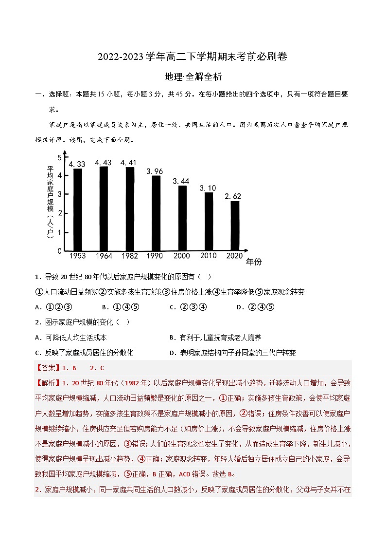 2022-2023学年高二下学期期末考前必刷卷：地理01卷（高考内容）（全解全析）第1页