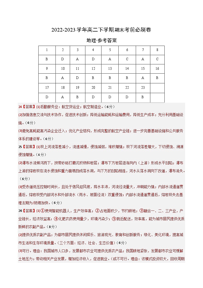 2022-2023学年高二下学期期末考前必刷卷：地理02卷（高考内容）（参考答案）需要分值第1页