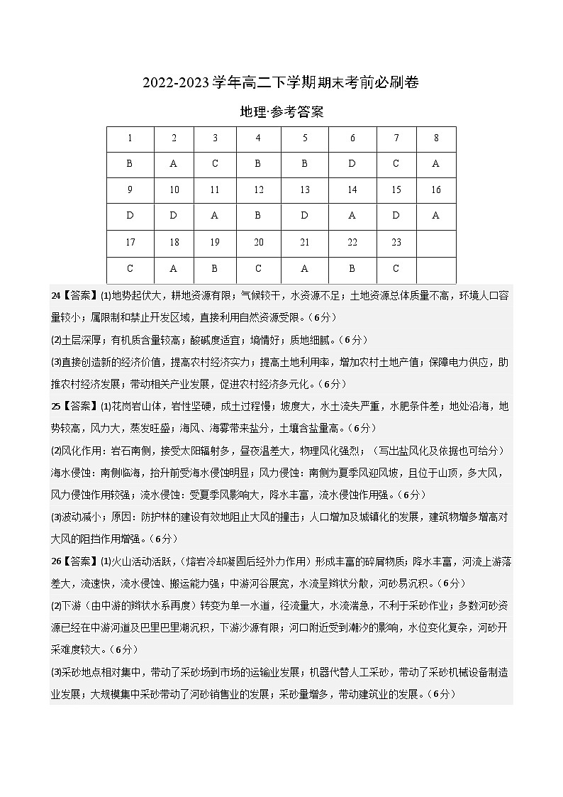 2022-2023学年高二下学期期末考前必刷卷：地理03卷（高考内容）（参考答案）第1页