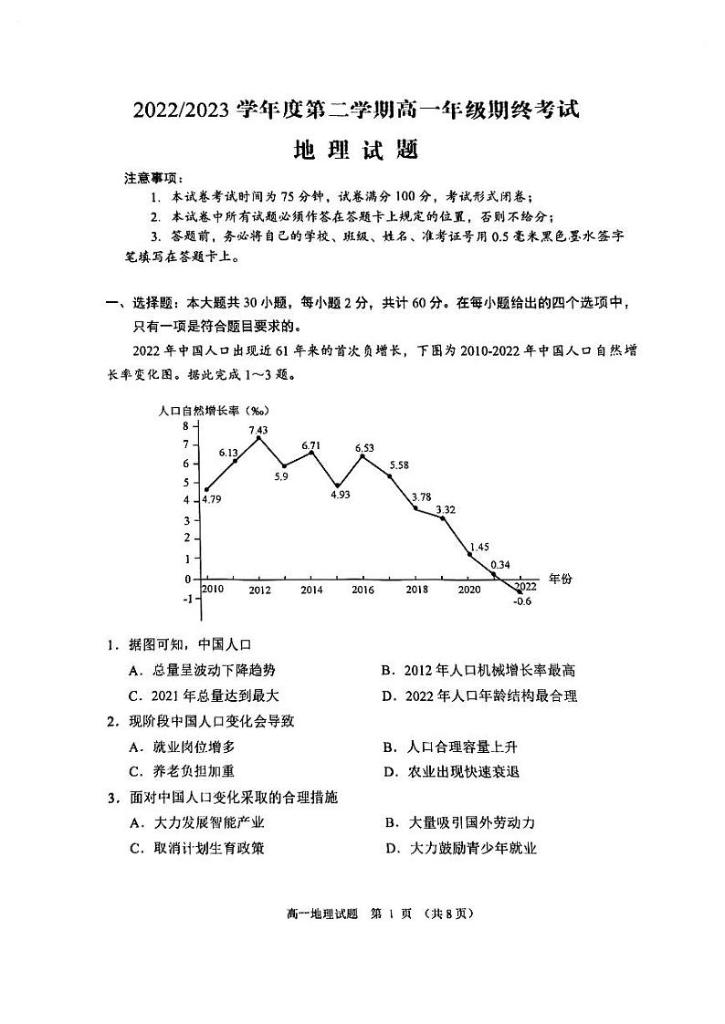 江苏省盐城市2022-2023学年高一下学期期末地理试题01