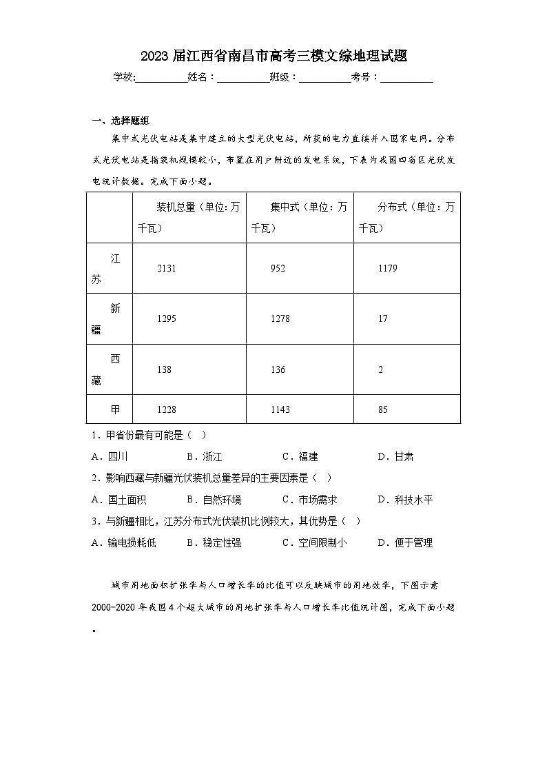 2023届江西省南昌市高考三模文综地理试题（含解析）01