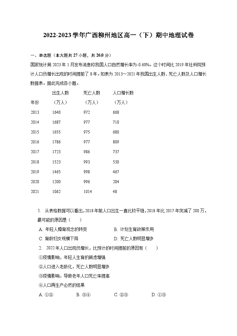 2022-2023学年广西柳州地区高一（下）期中地理试卷（含解析）01