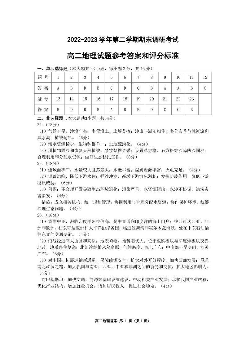 江苏省连云港市2022-2023学年高二下学期期末考试地理试题01
