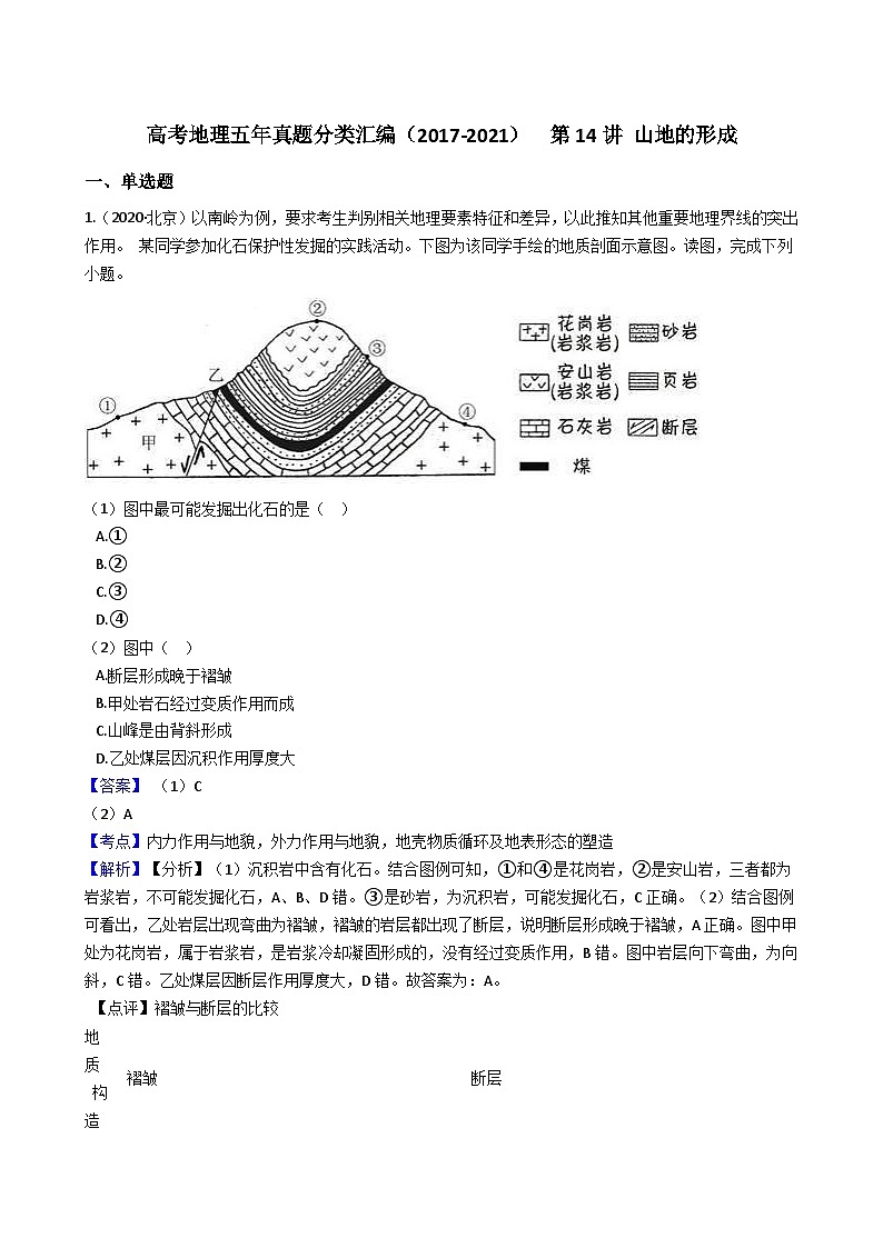 高考地理五年真题分类汇编（2017-2021）第14讲山地的形成（含解析）01
