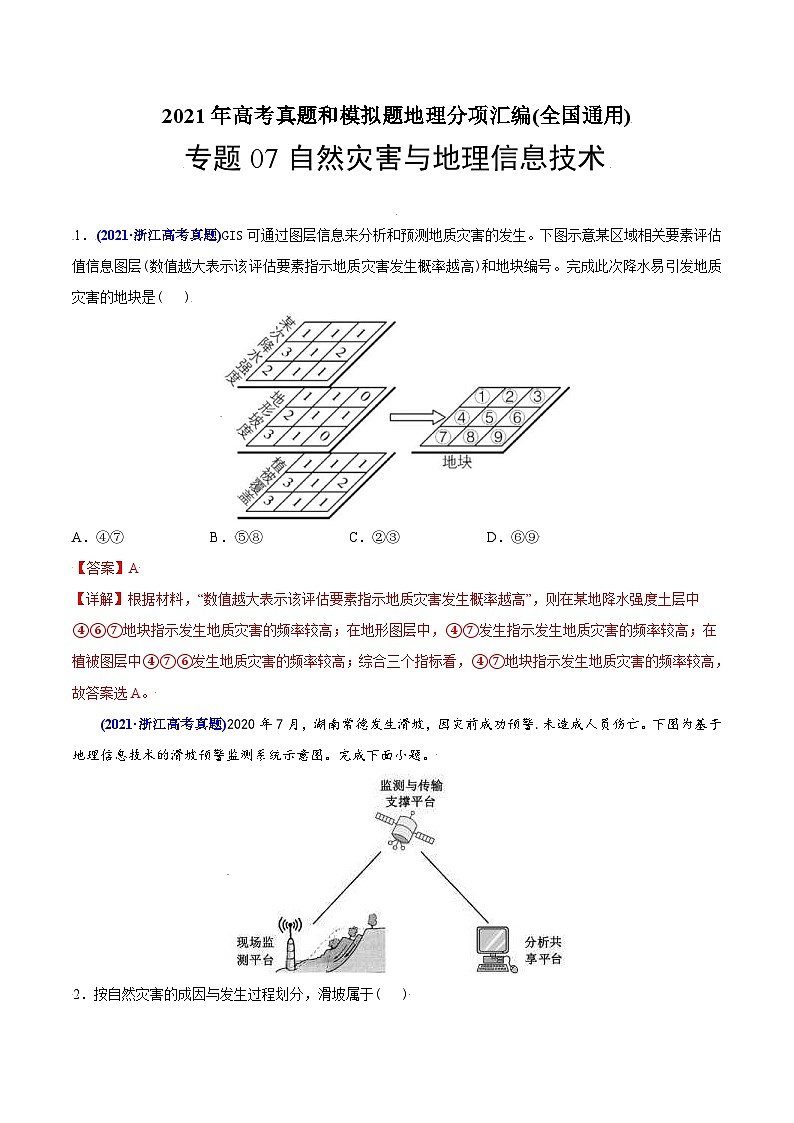 2021年高考地理真题与模拟题分类训练专题07自然灾害与地理信息技术（含解析）第1页