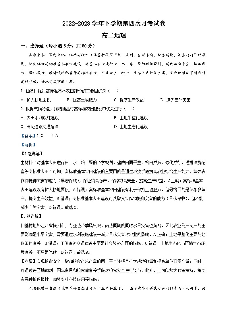 精品解析：江西省宜春市丰城市东煌学校2022-2023学年高二下学期6月月考地理试题（解析版）01