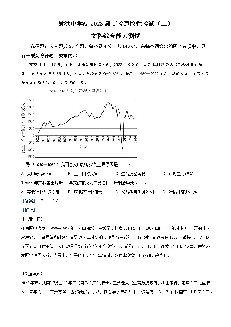 四川省射洪中学2023届高三地理下学期高考适应性考试（二）试题（Word版附解析）01
