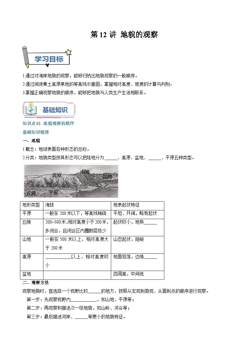 第12讲 地貌的观察-【暑假自学课】2023年新高一地理暑假精品课（人教版2019必修第一册）原卷版第1页