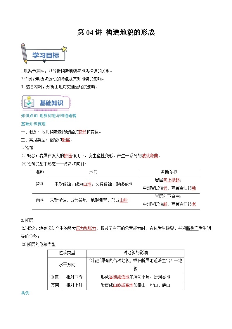 【暑假提升】人教版2019地理高一（升高二）暑假预习-（选修1）第04讲 构造地貌的形成  讲学案01