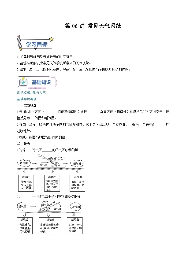 【暑假提升】人教版2019地理高一（升高二）暑假预习-（选修1）第06讲 常见天气系统  讲学案01