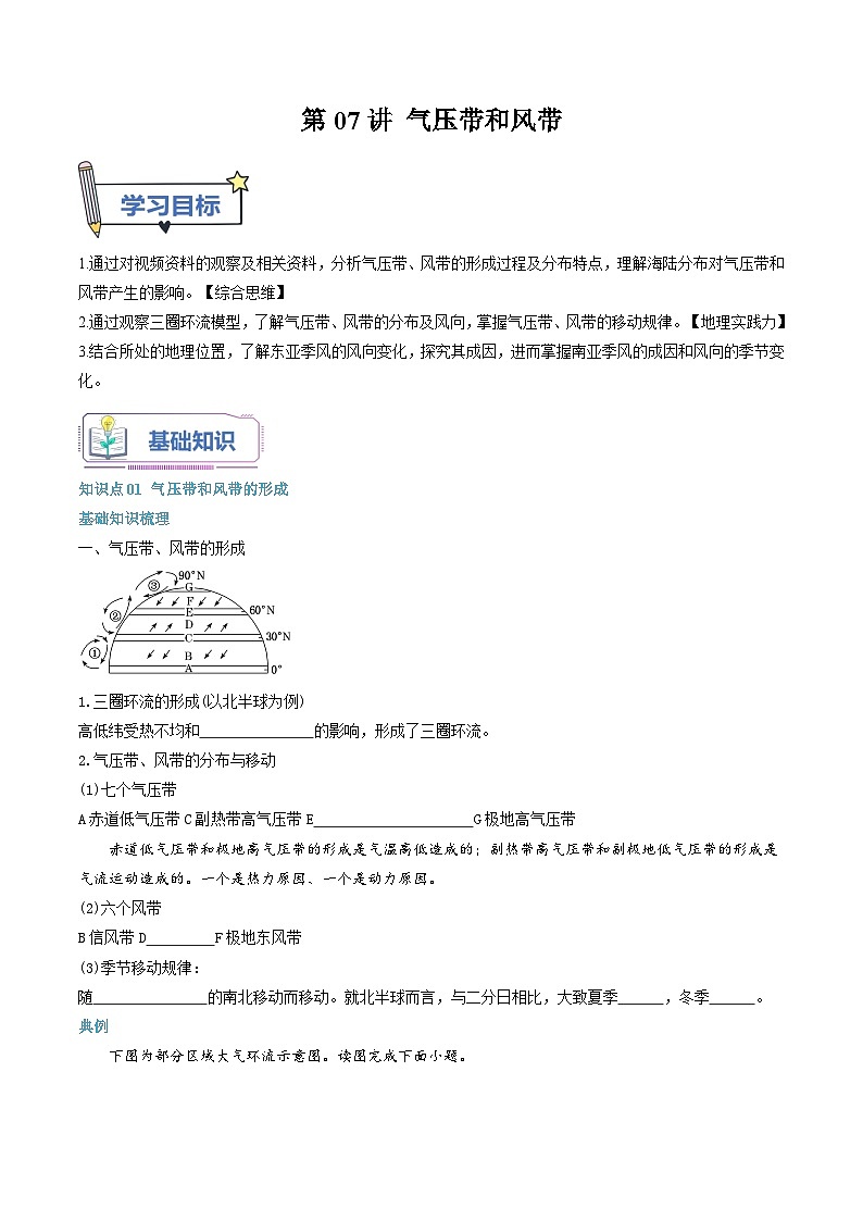 【暑假提升】人教版2019地理高一（升高二）暑假预习-（选修1）第07讲 气压带和风带  讲学案01