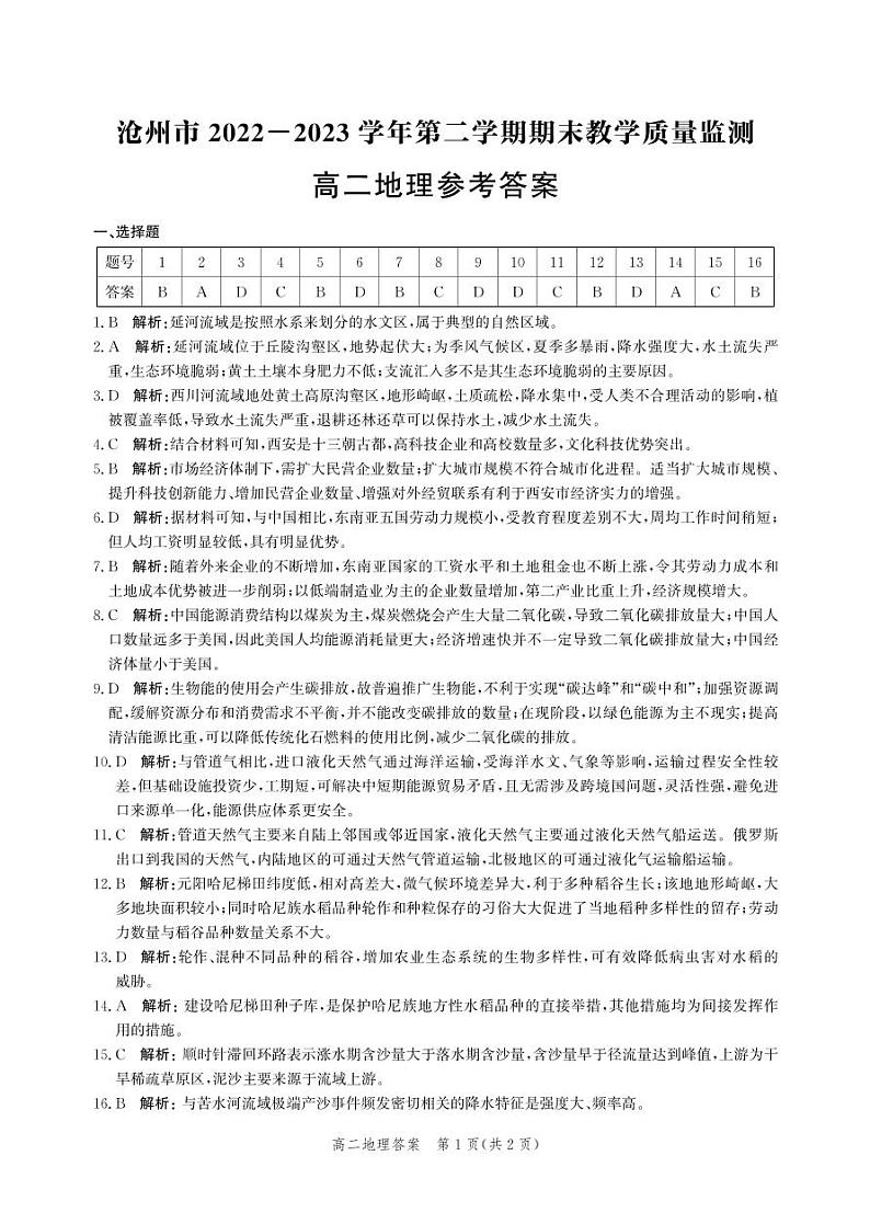 河北省沧州市2022-2023学年高二下学期期末教学质量监测+地理试题及答案01