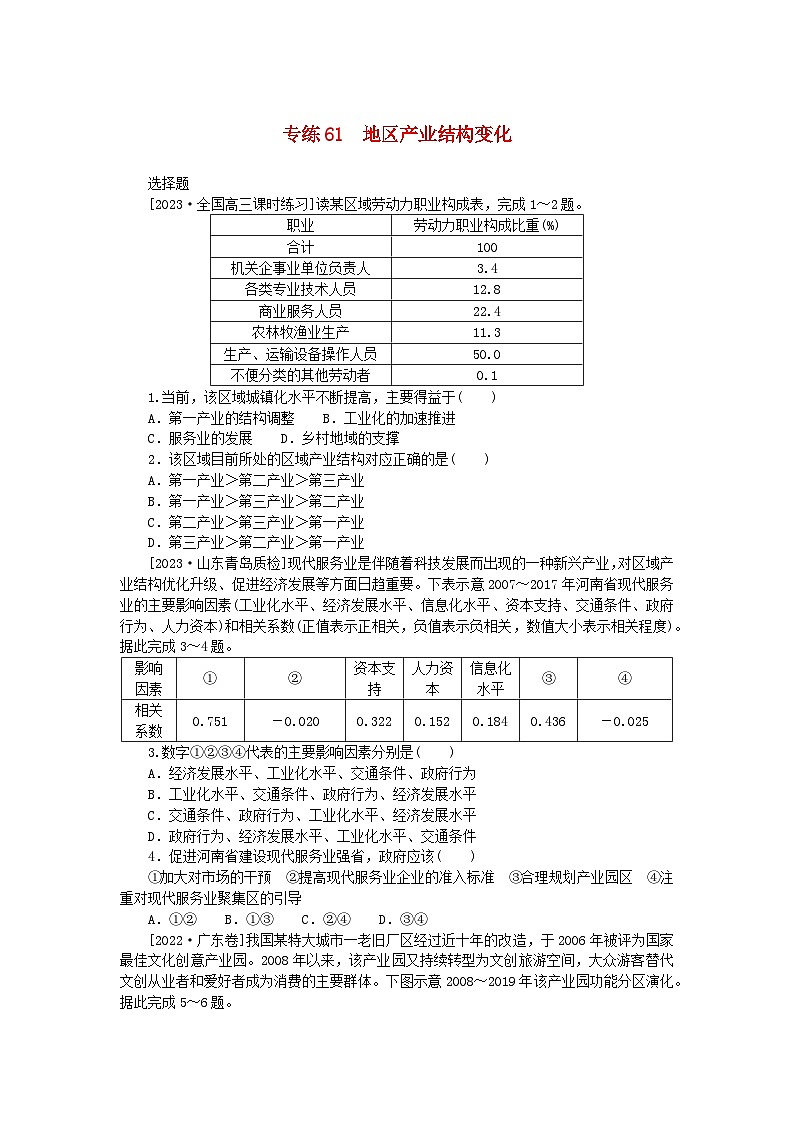 新高考2024版高考地理一轮复习微专题小练习专练61地区产业结构变化第1页