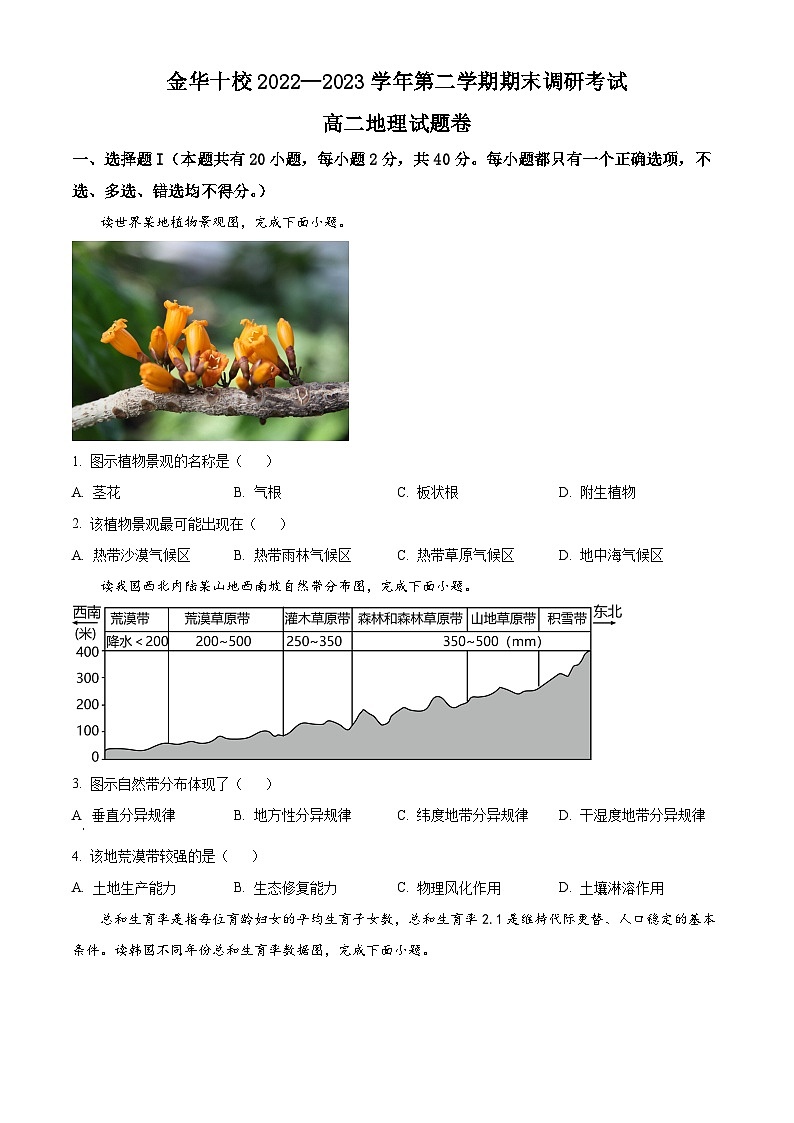 2023金华十校高二下学期期末地理试题含解析01