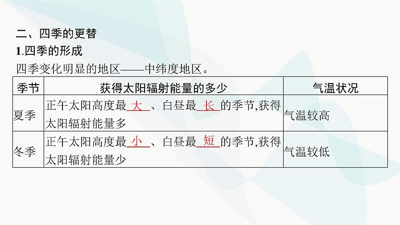 湘教版高中地理选择性必修1第1章地球的运动第2节地球的公转第3课时昼夜长短变化、四季的更替课件07