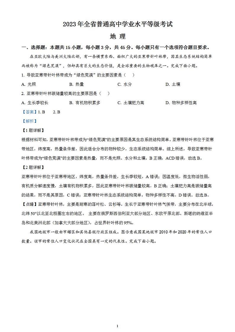 2023年高考真题——地理（山东卷）含解析01