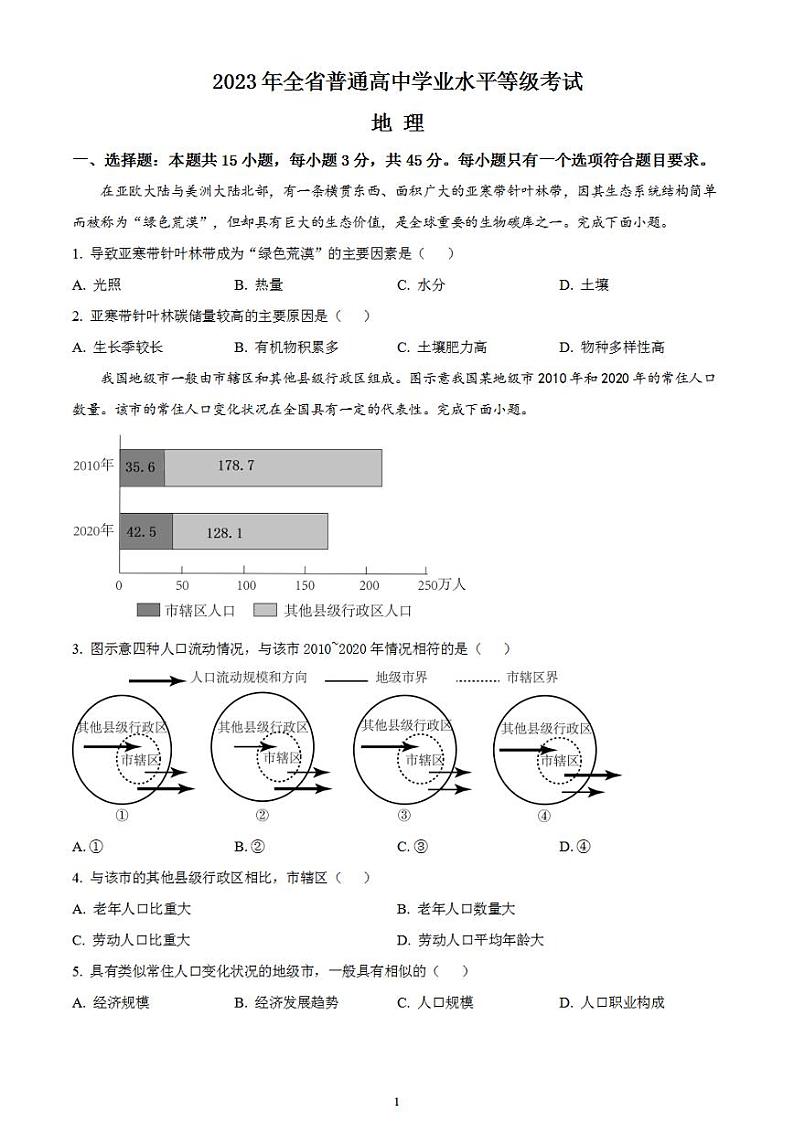2023年高考真题——地理（山东卷）无答案01