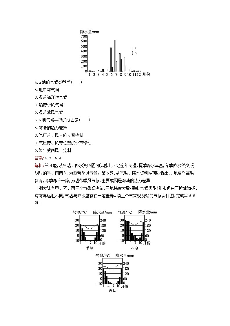 新教材2023年高中地理第三章大气的运动第三节气压带和风带对气候的影响课后训练新人教版选择性必修102