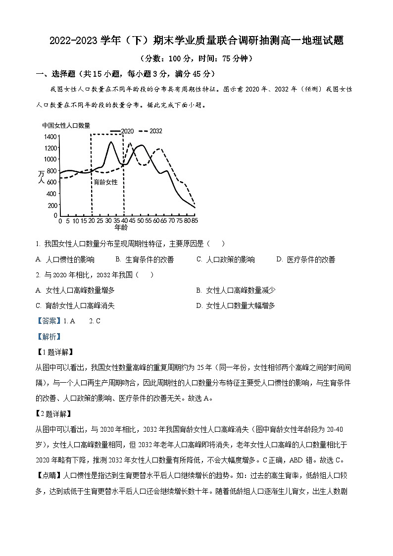 2023重庆市乌江新高考协作体高一下学期期末地理试题含解析01
