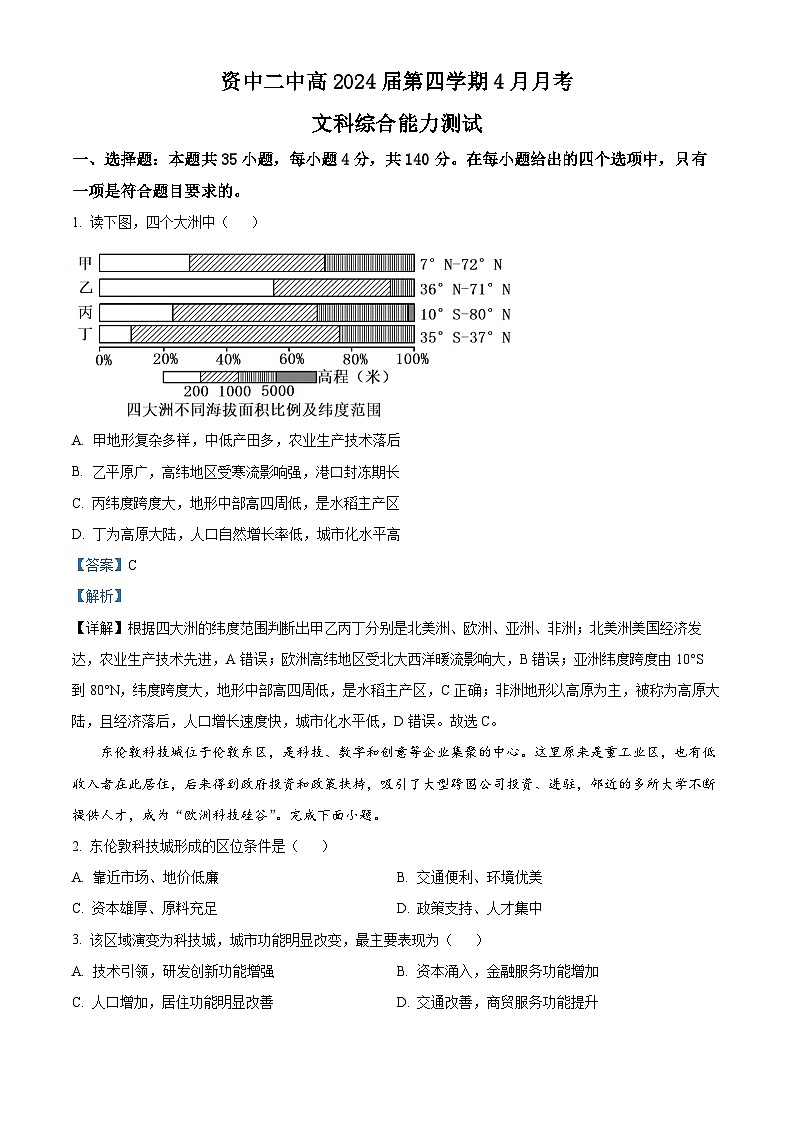 精品解析：四川省资中县第二中学2022-2023学年高二下学期4月月考文综地理试题（解析版）第1页