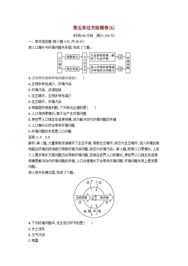 新教材2023年高中地理第5章人地关系与可持续发展过关检测卷A湘教版必修第二册01