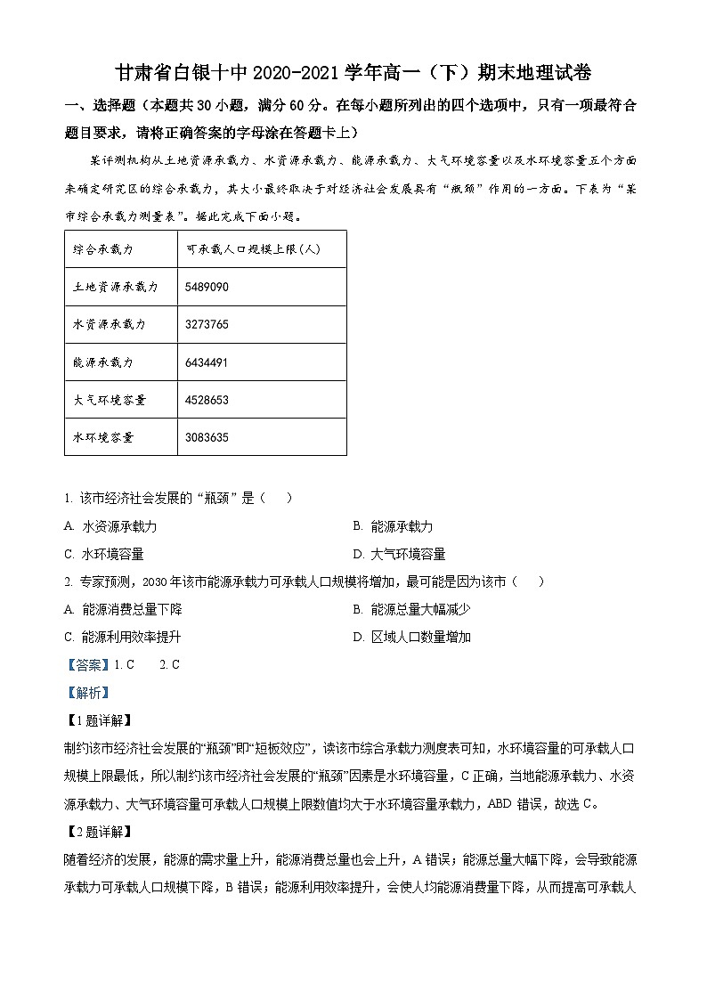 精品解析：甘肃省白银市第十中学2020-2021学年高一下学期期末地理试题（解析版）第1页