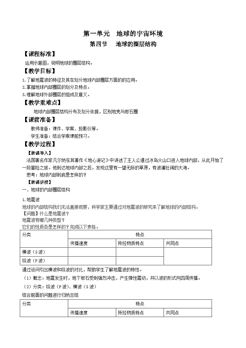 人教版高中地理必修一 1.4《地球的圈层结构》教案01