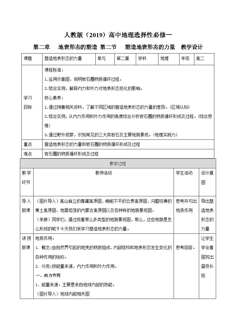 人教版高中地理选修一 2.1《塑造地表形态的力量》教案01