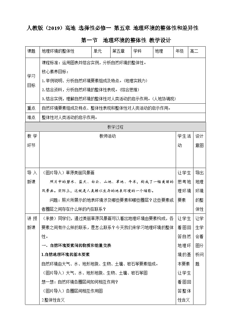 【核心素养目标】人教版高中地理选修一 5.1《自然环境的整体性》课件+教案01