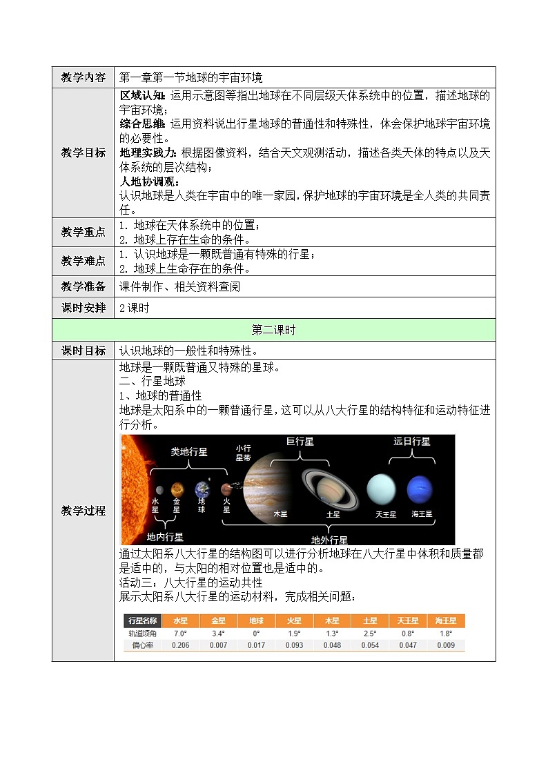 新人教版高中地理必修一 1.1.2《地球的宇宙环境》教案01