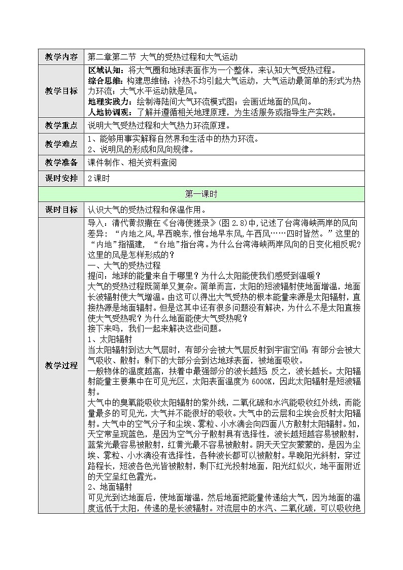 新人教版高中地理必修一 2.2.1《大气的受热过程和大气运动》教案01