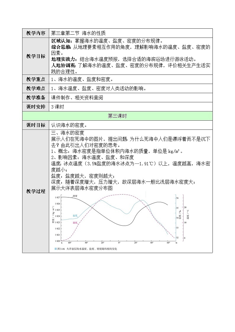 新人教版高中地理必修一 3.2.3《海水的性质》教案01