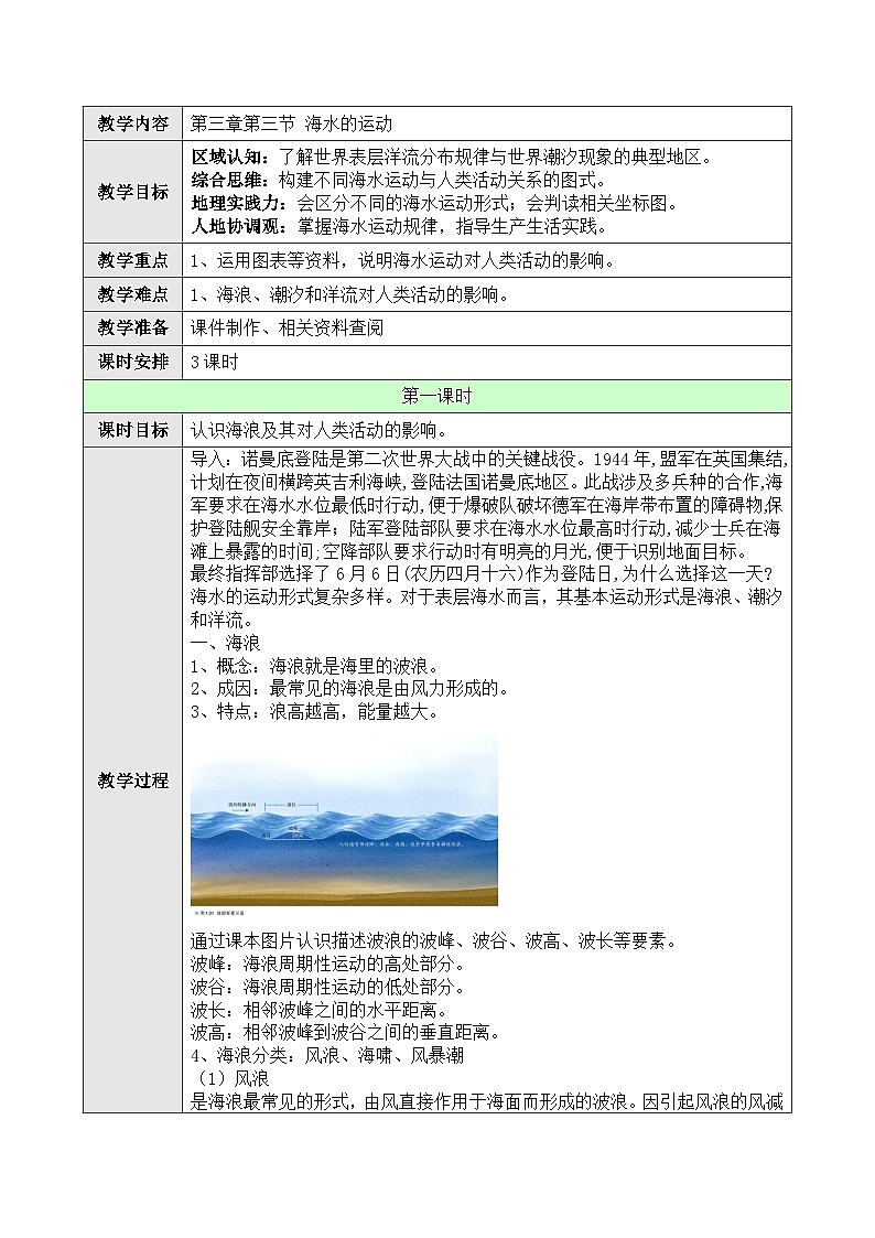 新人教版高中地理必修一 3.3.1《海水的运动》教案01