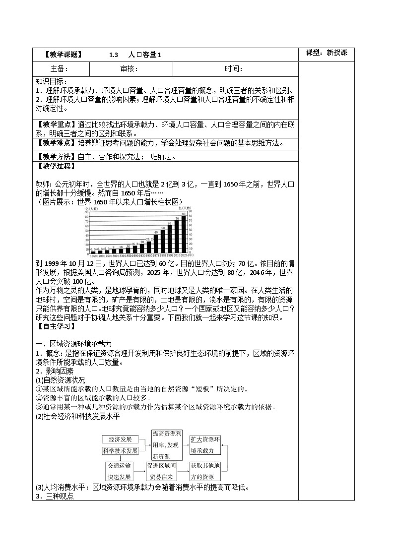 高中地理 （人教版2019）必修第二册 1.3   人口容量(3课时)（表格式教案）01