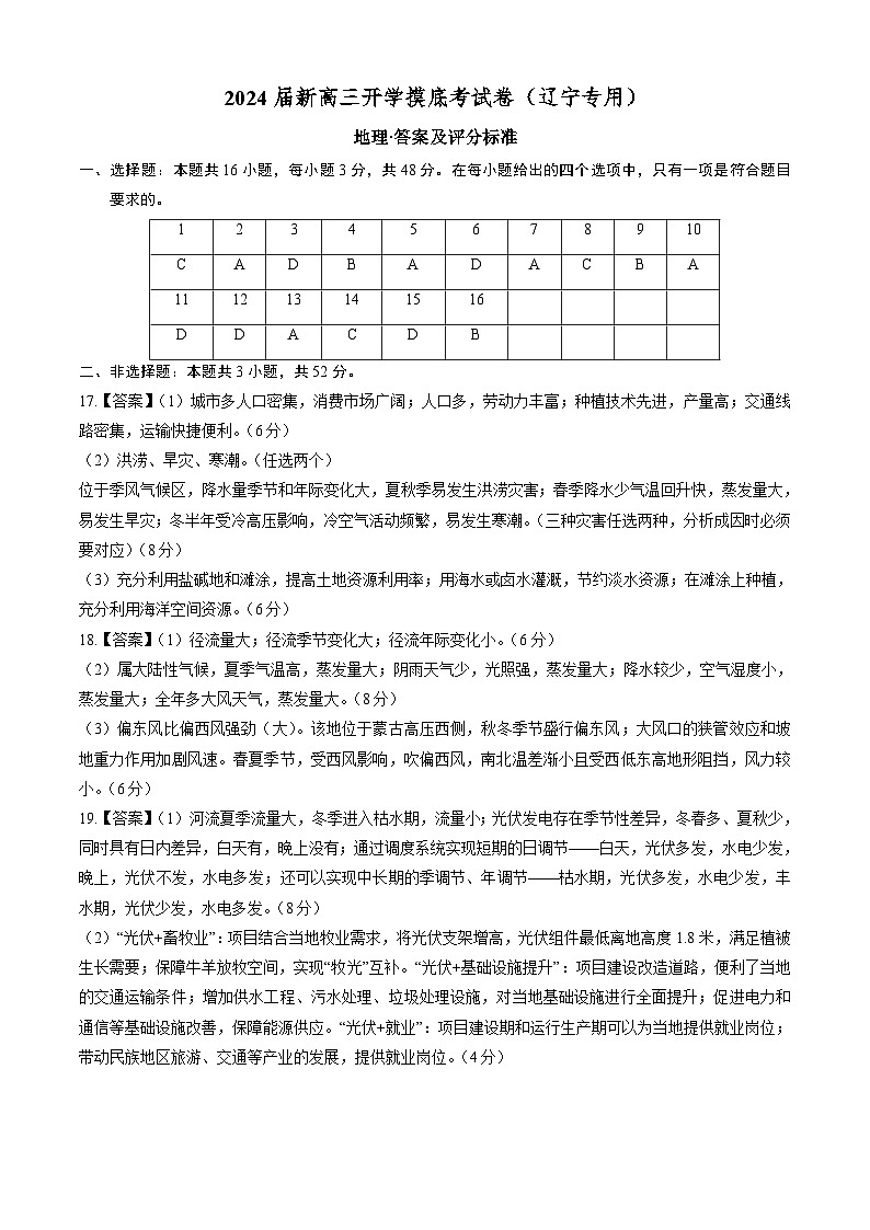 【新高三摸底】2024届新高三-地理开学摸底考试卷（辽宁卷）01