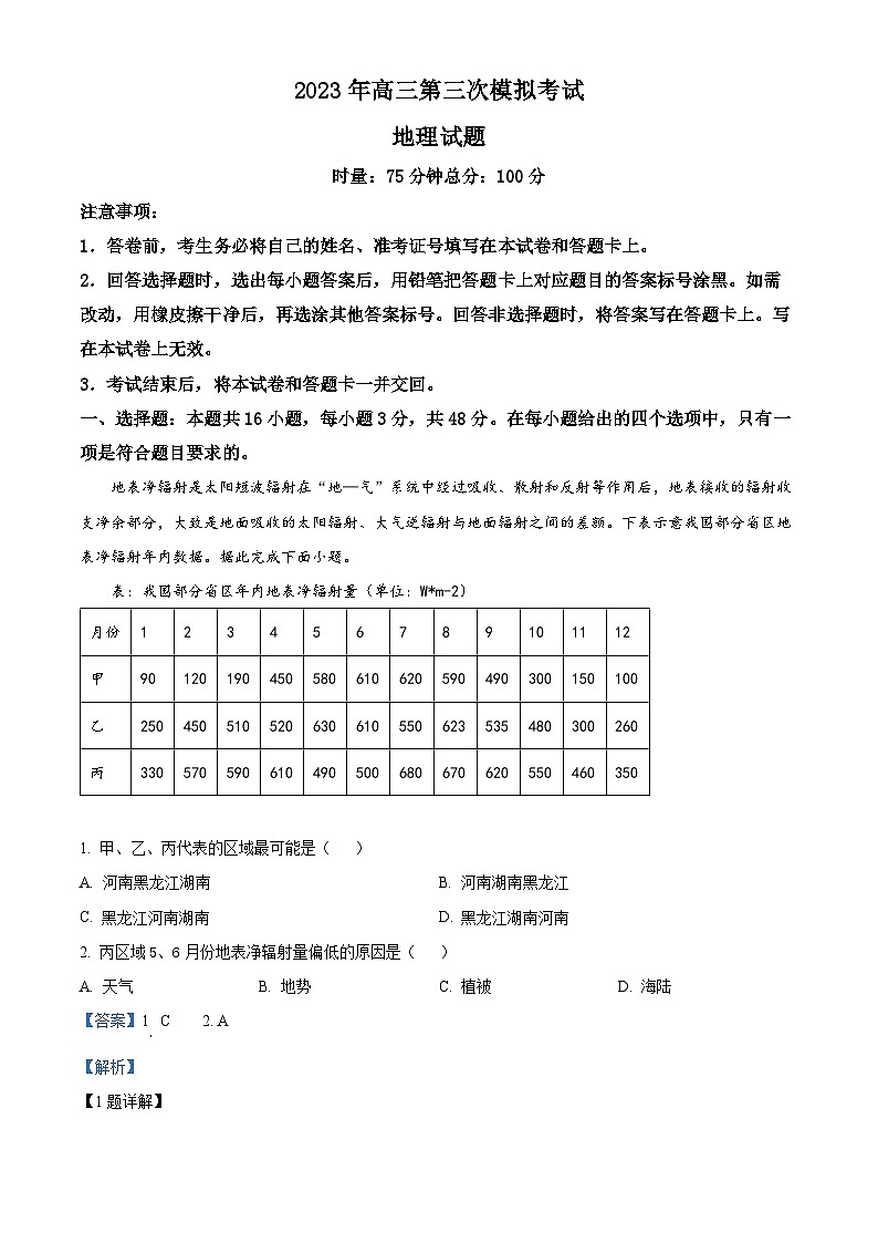 精品解析：2023届河北省保定部分高中高考三模地理试题（解析版）第1页