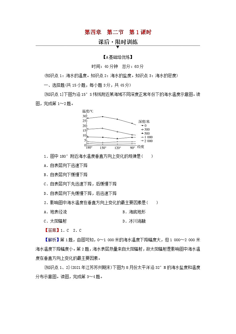 2023年新教材高中地理第4章地球上的水第2节海水的性质和运动第1课时海水的性质课后限时训练湘教版必修第一册01