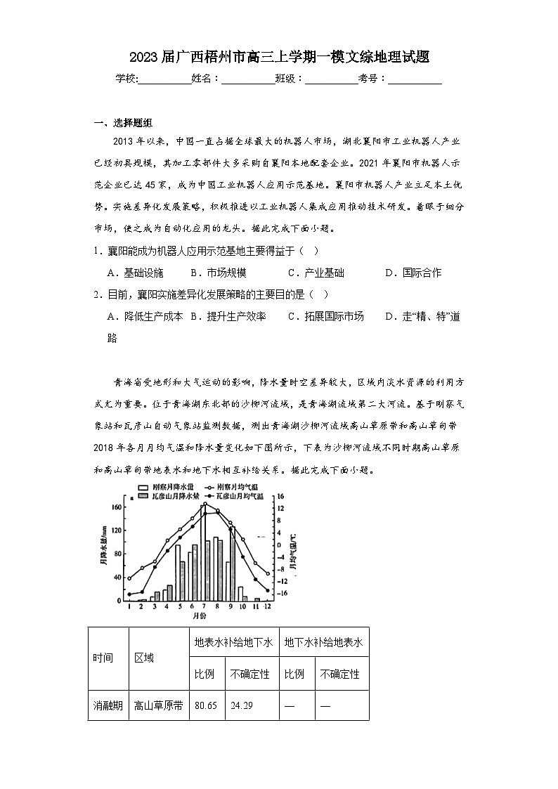 2023届广西梧州市高三上学期一模文综地理试题（含解析）01