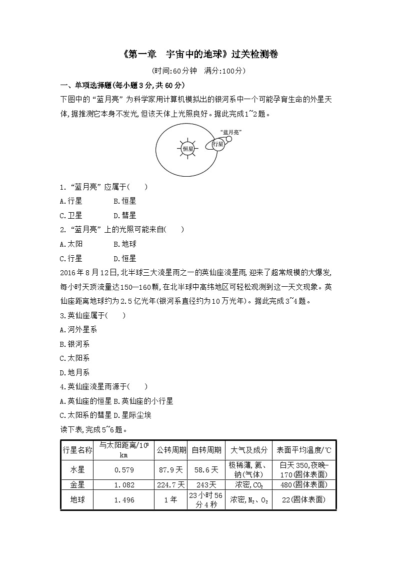 第一章 宇宙中的地球过关检测卷 2022-2023学年高中地理人教版（2019）必修第一册第1页