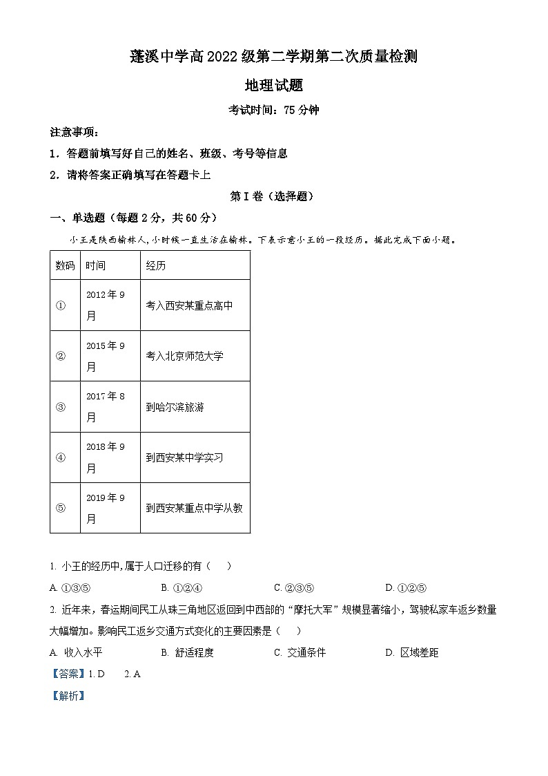 四川省蓬溪中学2022-2023学年高一地理下学期期中试题（Word版附解析）第1页
