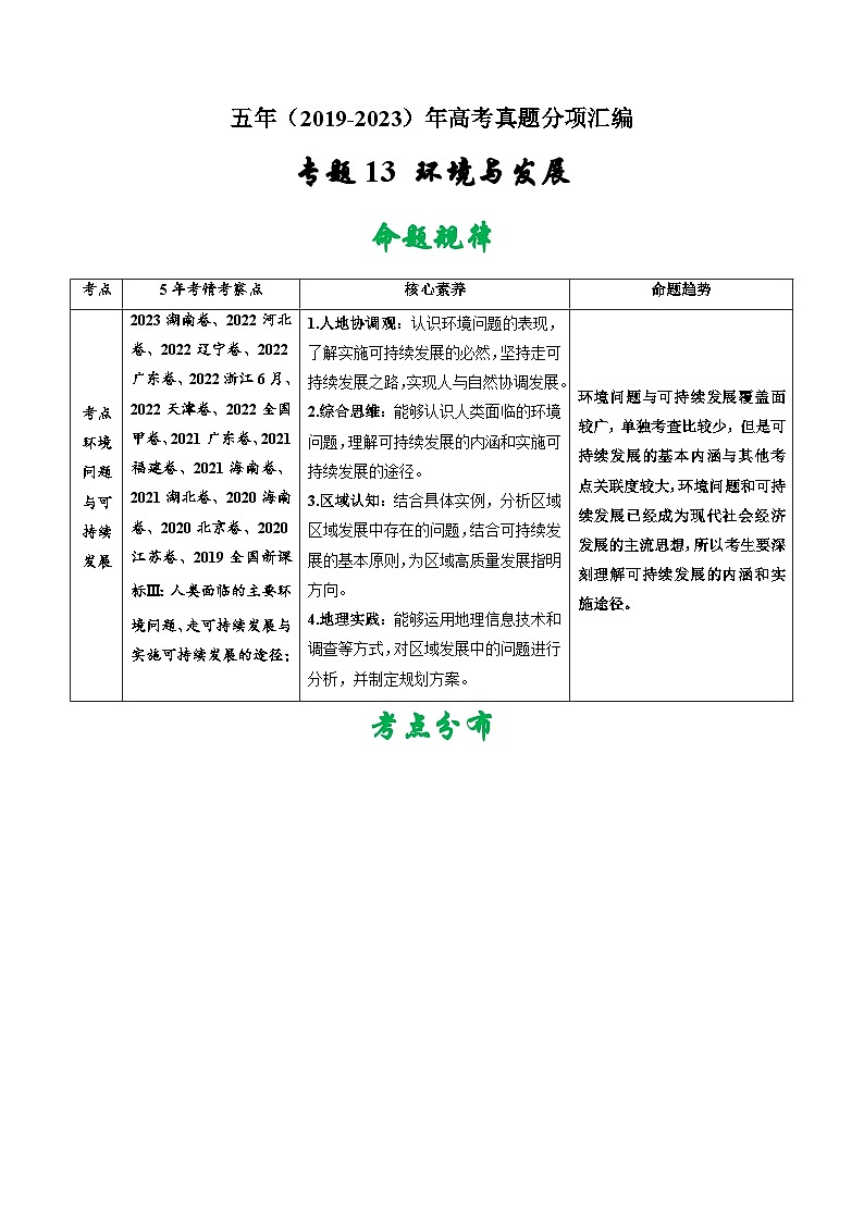 高考地理真题分项汇编（全国通用）五年（2019-2023）专题13 环境与发展01