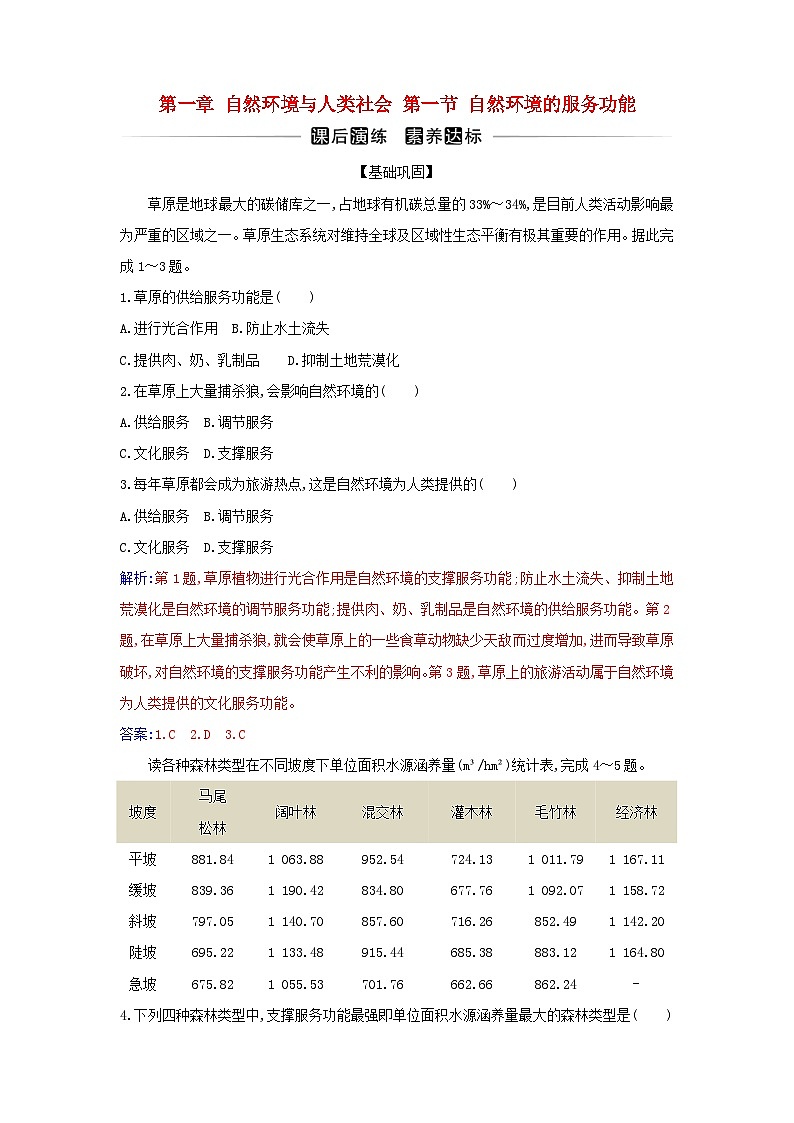新教材2023高中地理第一章自然环境与人类社会第一节自然环境的服务功能同步测试新人教版选择性必修3第1页