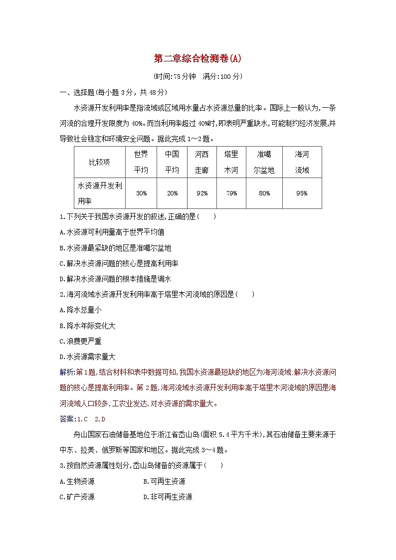 新教材2023高中地理第二章资源安全与国家安全综合检测卷新人教版选择性必修301