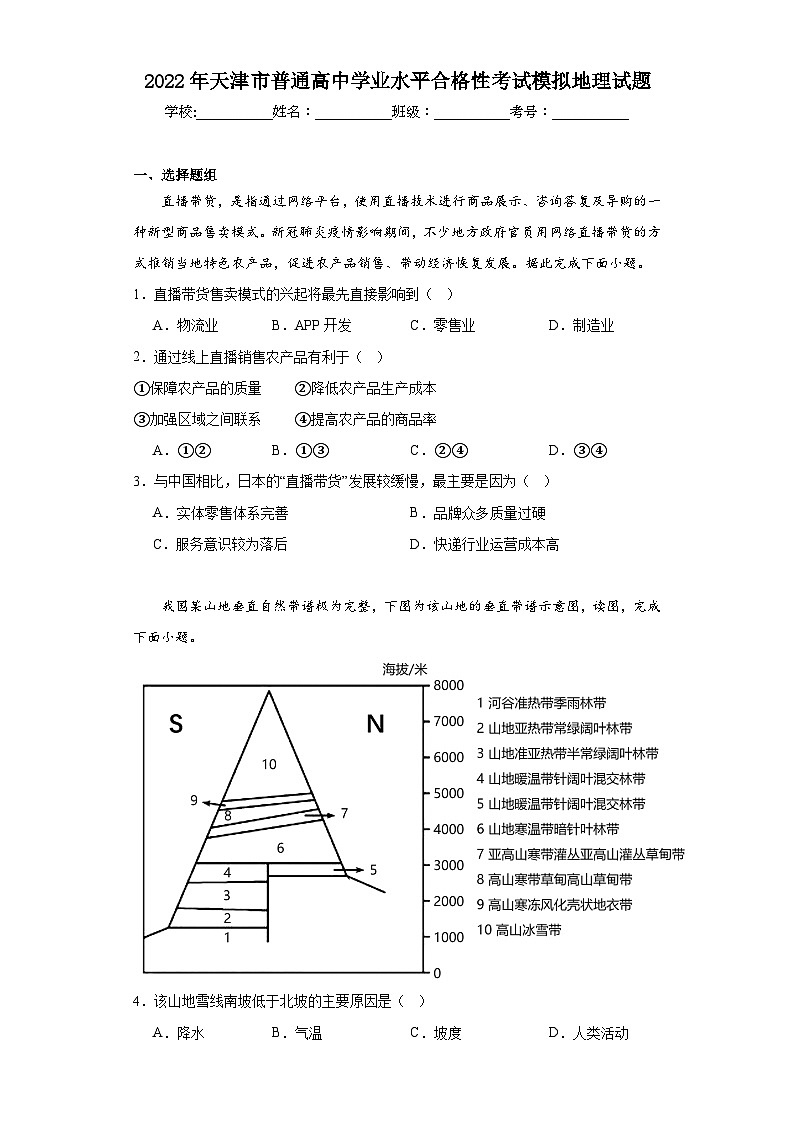 2022年天津市普通高中学业水平合格性考试模拟地理试题（含解析）01