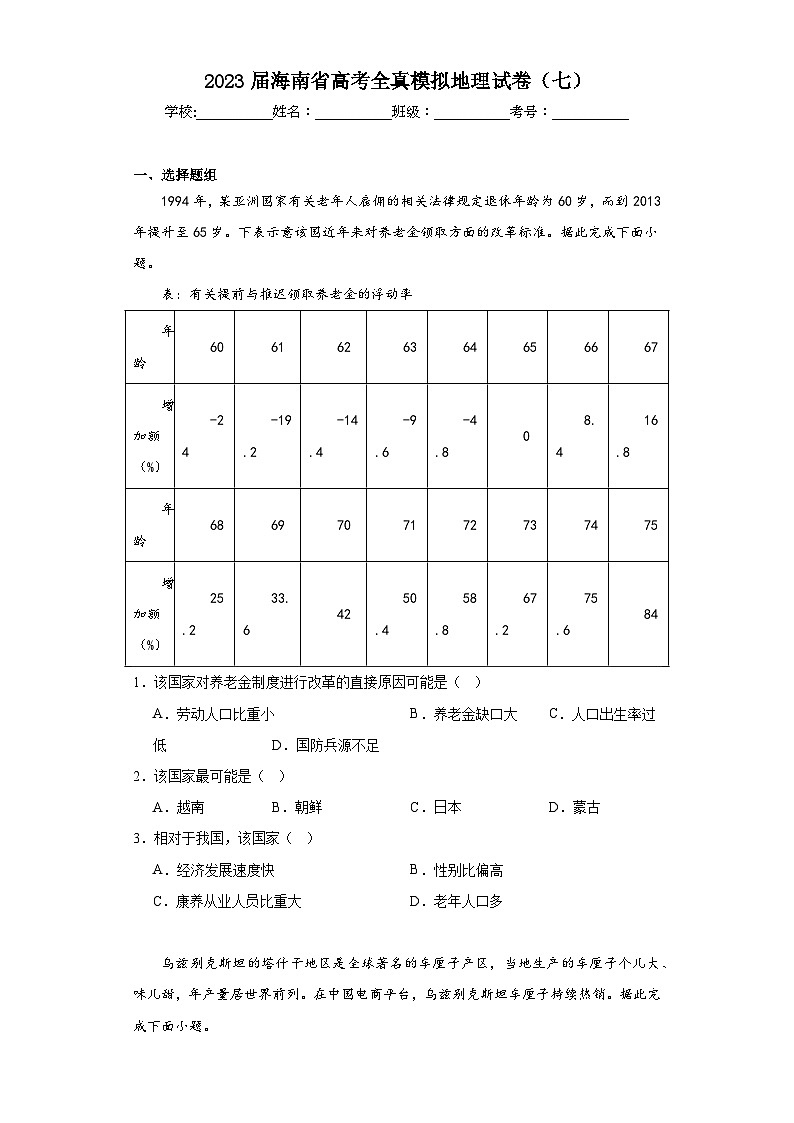2023届海南省高考全真模拟地理试卷（七）（含解析）第1页