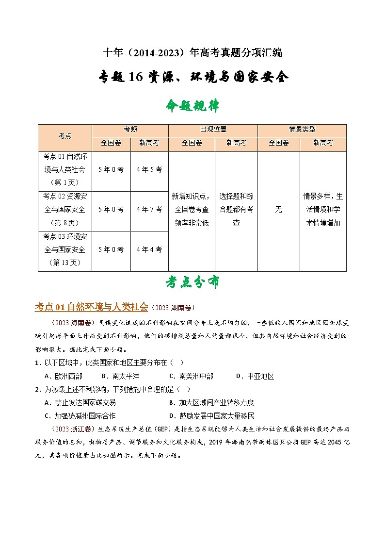 十年(14-23)高考地理真题分项汇编专题16 资源、环境与国家安全（原卷版）第1页