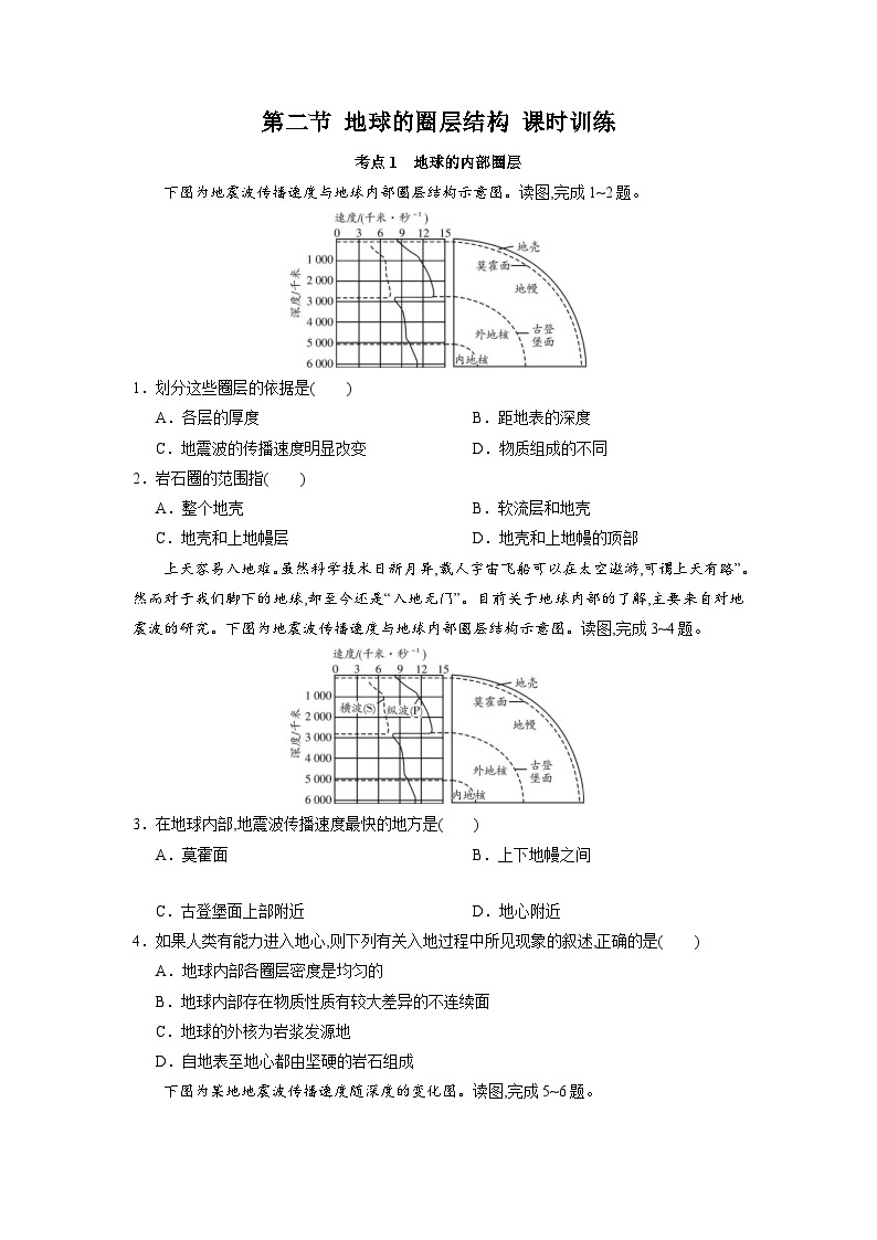 中图版2019 高中地理 必修第一册1.2地球的圈层结构（练习）01